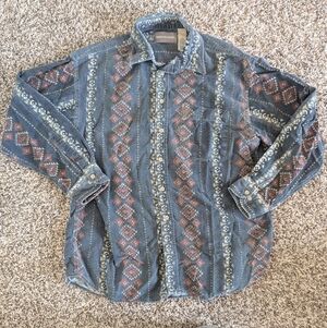 Van Heusen Vintage Aztec Western Print Navy And Red Button Down Shirt Large